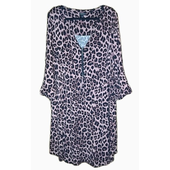 Torrid Leopard Print Shirt Dress Mini Challis Zip Front Roll Tab Sleeves Plus 1X - Picture 11 of 14